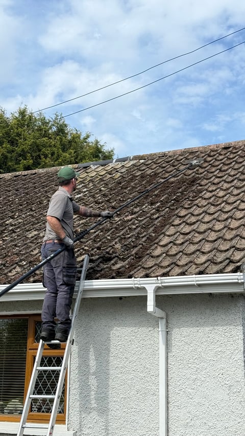 Worker in green cap standing on ladder cleaning dark tile roof with pressure washer on sunny day