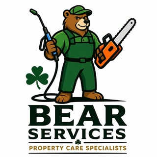 Bear Services logo featuring a cartoon bear in green work clothes holding a pressure washer and chainsaw
