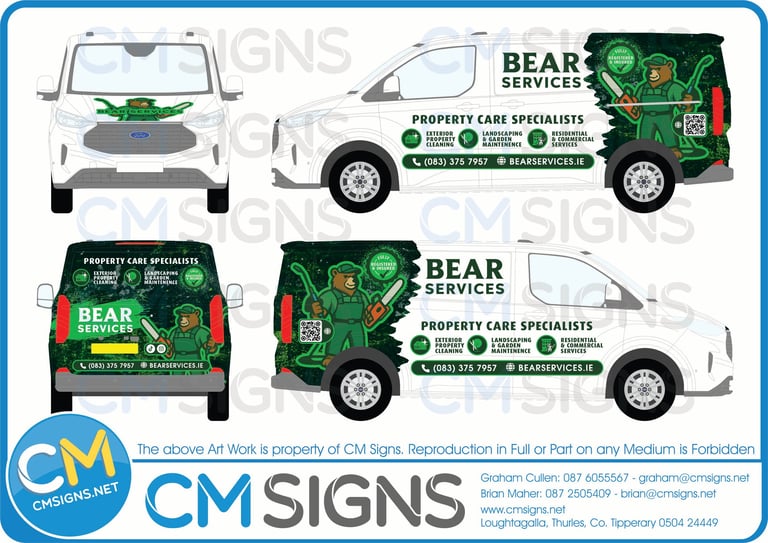 Vehicle wrap design mockups for Bear Services property care company showing green and white van graphics from multiple angles